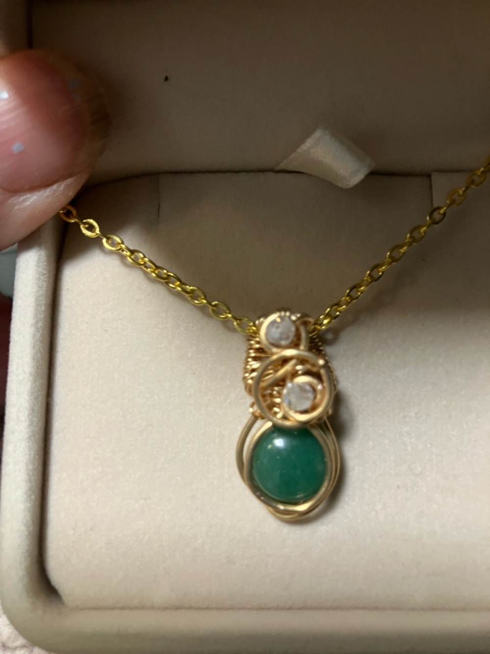 14k Gold plated Wire-Wrapped Green Aventurine Gemstone Pendant Necklace